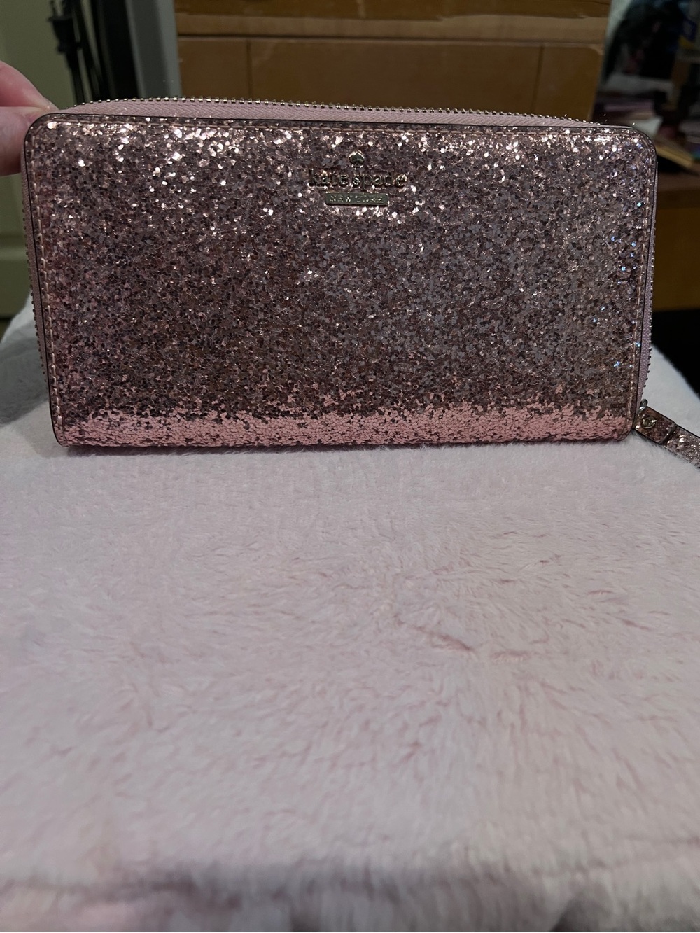 kate spade Glitter Zip-Around Wallet in Rose Metallic